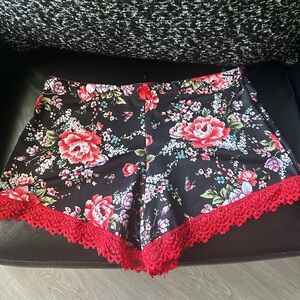 Red and black floral shorts with lace
